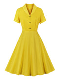 Shawl Collar Button Front Short Sleeve Yellow Solid Vintage Women A-Line Knee Length Summer 50S Rockabilly Dress