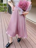 Office Lady Elegant Vintage Satin Skirt Women Elastic High Waist Casual A Line Midi Skirt