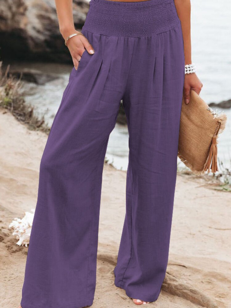 Leisure Broad-leg Cotton and Linen Slacks Women Elastic Waist Pocket Ladies Cargo Pants