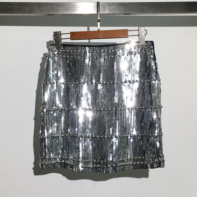 Women Vintage Sequins Beading Bodycon Skirt Silver Gold bling Empire Sheath Summer Shiny Mini Skirt