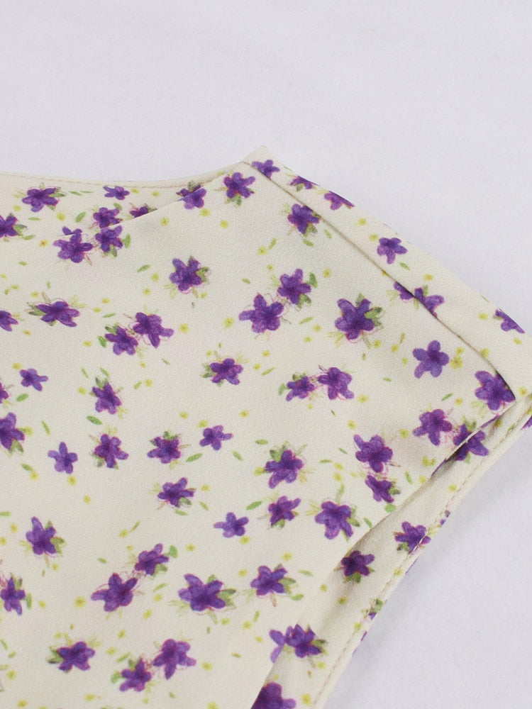 O-Neck Floral Print High Waist Slim Long Vintage Robe Women Summer Pocket Midi Dress
