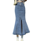 Sexy Vintage Splited Fork Hip-wrap Long Denim Trumpet Summer Elegant Korean High Waist Stretch Mermaid Skirt