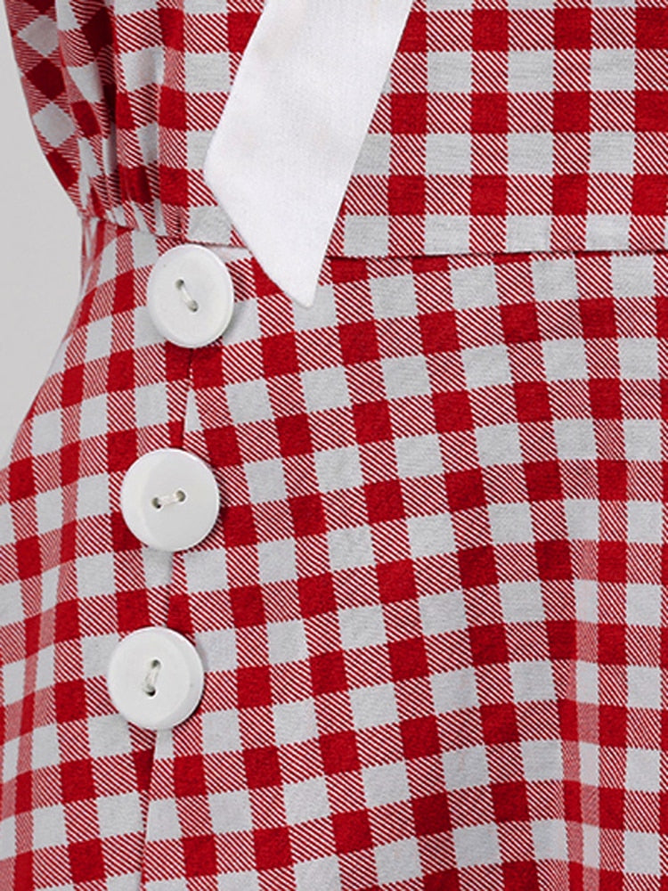 Shawl Collar Bow Front Gingham Print Pinup Vintage Cotton Women Button Elegant Plaid Rockabilly Dress