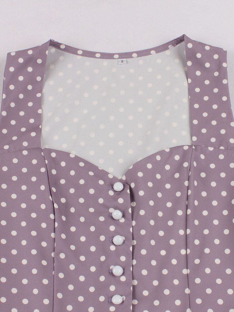 Sweetheart Neck Buttons Vintage Polka Dot Summer Belted Pleated Women Pocket Side Party Elegant Dress in Purple