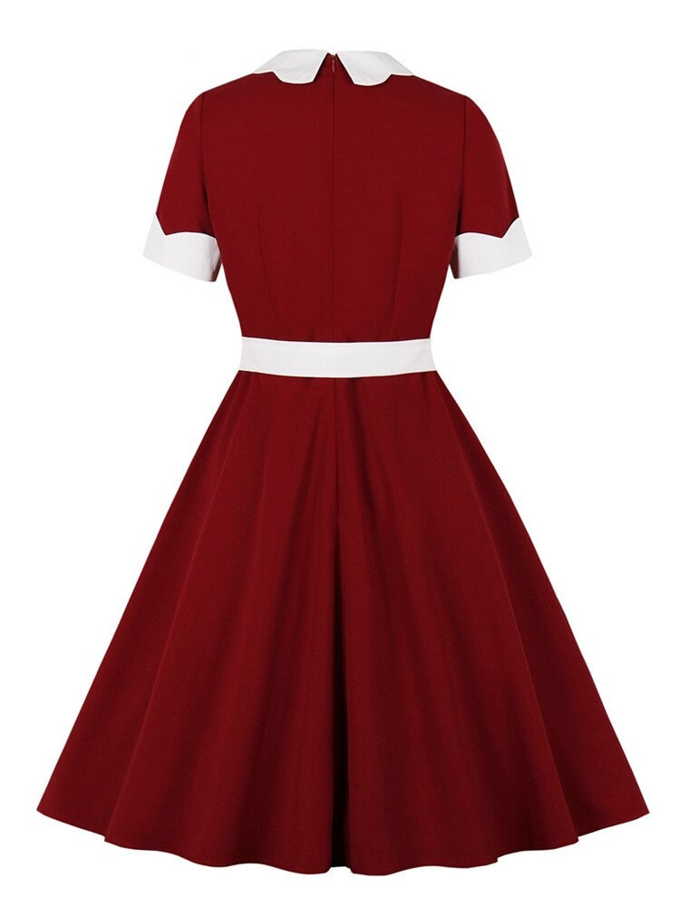 Burgundy Contrast Collar and Cuff Elegant 50s Vintage Women Short Sleeve Belted A-Line Summer Dress