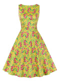 O-Neck Sleeveless Plaid and Fruit Print Women Pinup 50s Vintage Cotton Pockets A-Line Retro Dress