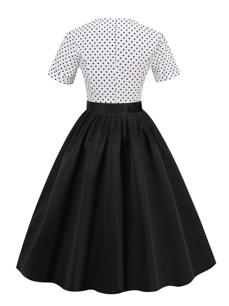 White and Black Vintage Robe Button Front Short Sleeve Polka Dot Prom Women Elegant Belted Pleated Midi Dresses