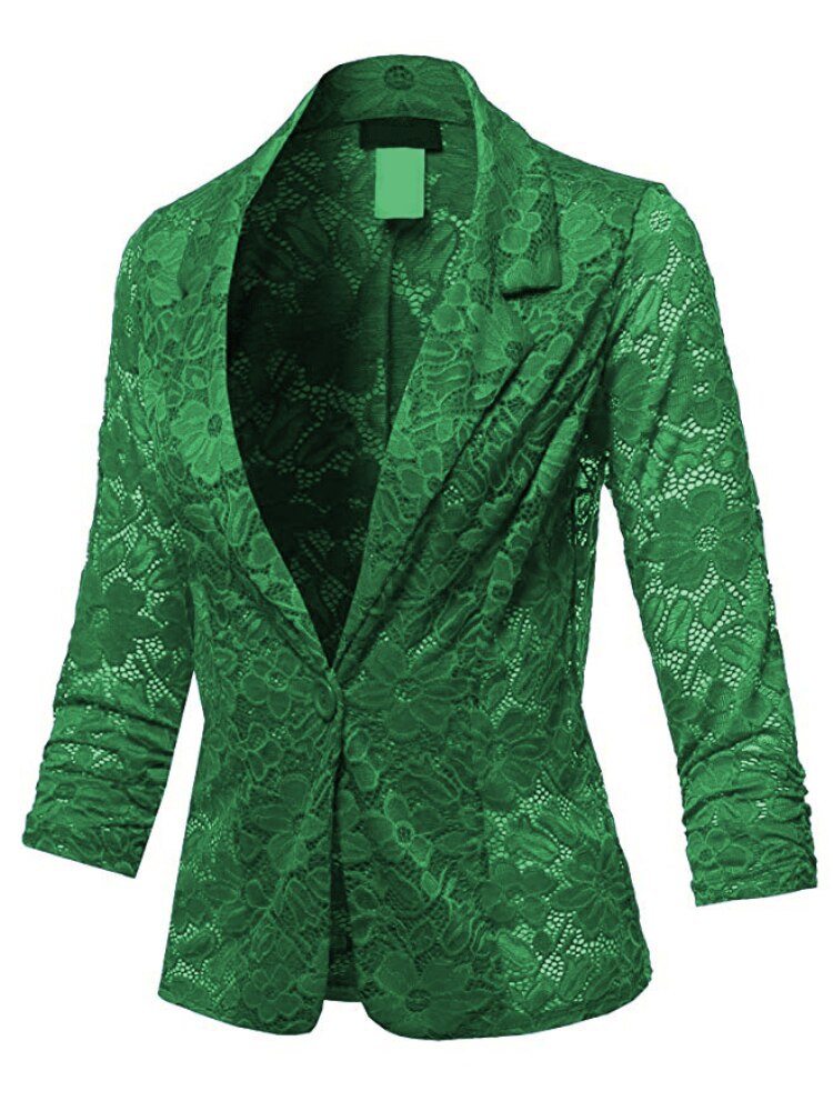 Women Solid Color Flower Lace Cardigan Top Casual Suit Jacket Office Blazer Coat