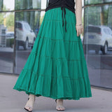Spring Women Cotton Long A-Line Elastic High Waist Maxi Elegant Solid Pleated Skirt Outwear