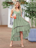 Summer Slim Chiffon Lace Non-standard Suspender Leisure Beach Women Medium Length Skirt Green Dress