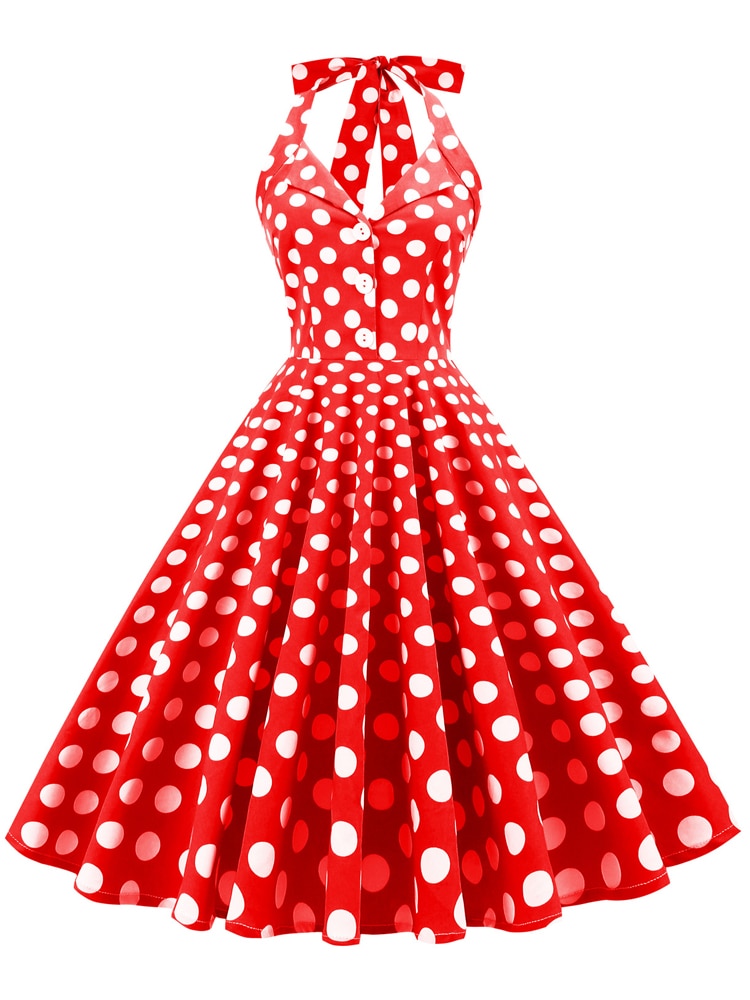 Green Halter Neck Button 50s Vintage Rockabilly Swing Dress with Pockets Backless Party Sexy Women Polka Dot Dresses