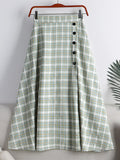 Summer Women Elastic High Waist Elegant Vintage Plaid Check Skirt Front Buttons Casual A Line Midi Skirt