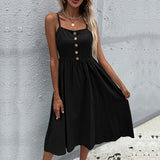 Vintage Solid Boho Bohemian Beach Sundress Button Sexy Sleeveless Strap Maxi Dress