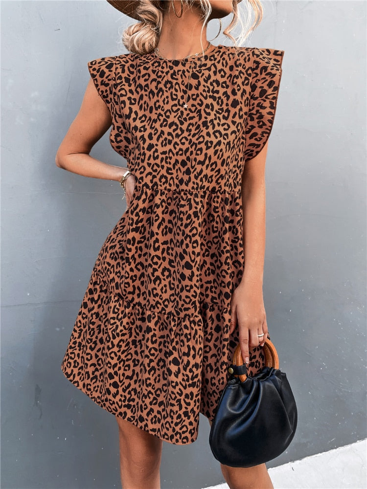 Round Neck Flying Sleeve Retro Leopard Print Dress Ladies Casual Short Skirt