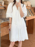 White Embroidery Mini V-Neck Puff Sleeve Women Stylish Office Lady Work Wear Slim Sweet Summer Loose Chic Dress