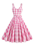 Ladies Pink and White Plaid Retro Dresses for Women Spaghetti Strap 50s Pinup Party Rockabilly Vintage Clothes