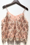 Sexy Hollow Out Women Lace Camis Bead Work Women Tanks Tops Bling Bling Rose Pink Tassel Sequins