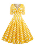 V-Neck Polka Dot Print 50s Pinup Midi Cotton Dresses for Women Half Sleeve Autumn Clothes Vintage Retro High Waist Dress