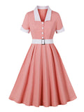 Vintage Style Pink Dress with White Collar 95% Cotton Button Up Retro Party 40s 50s Ladies Elegant Pleated Dresses