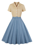 Two Tone Notched Collar Buttons Belted A-Line Vintage Women Short Sleeve Summer Elegant Midi Dress
