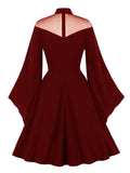 Stand Collar Mesh Elegant Halloween Evening Party Vintage Long Sleeve Women Autumn Swing Dress