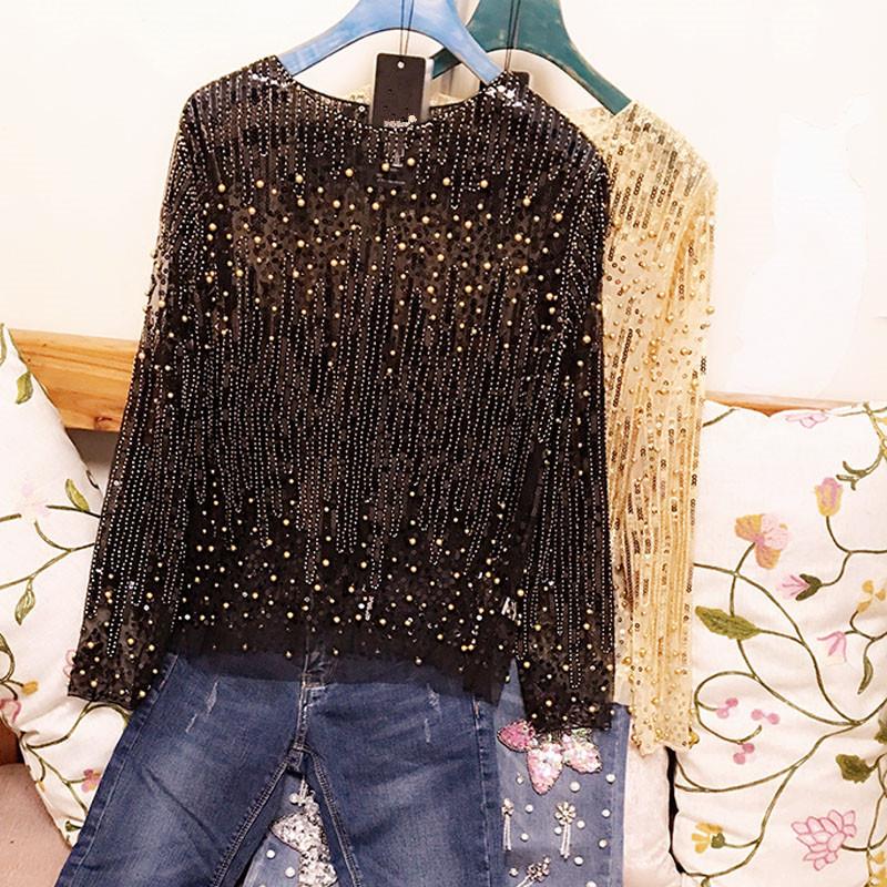 Woman Sexy Long Sleeve Perspective Gauze Mesh Lace Shirt Sequined Bead Embellished shiny Transparent Luxury Blouse Top