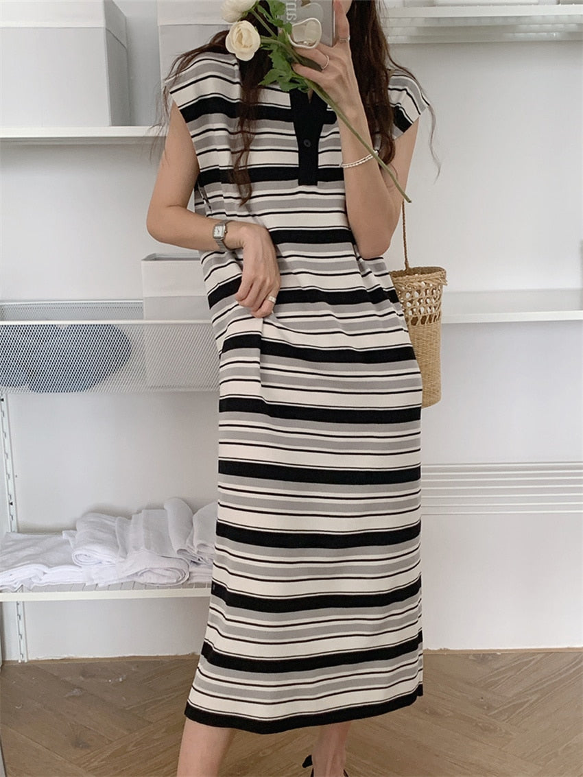 Sleeveless Stripes Loose Stylish Women Lapel Summer Slim-Fit Straight Vintage Office Lady Dress