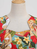 Short Sleeve 1950s Retro Women Multicolor Print Cotton Robe Summer Vintage A-Line Long Swing Dress