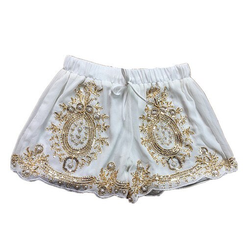 Spring And Summer Elastic Adjustable Heavy Hand Beaded Chiffon Sequins Wide-Leg Shorts