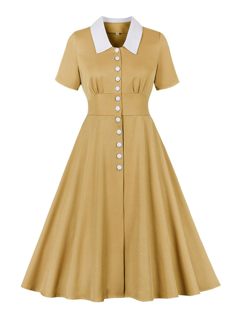 Turn-Down Collar Short Sleeve Single Breasted A-Line Vintage Midi Elegant Women High Waist Summer Long Dress