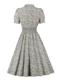 V-Neck Elastic Waist Puff Sleeve Summer Floral Women Vintage Style A-Line Beach Casual Dresses