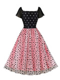 Two Tone Patchwork Polka Dot Mesh Women Long Dresses Sweetheart Neck Evening Prom Birthday Elegant Pleated Vintage Dress