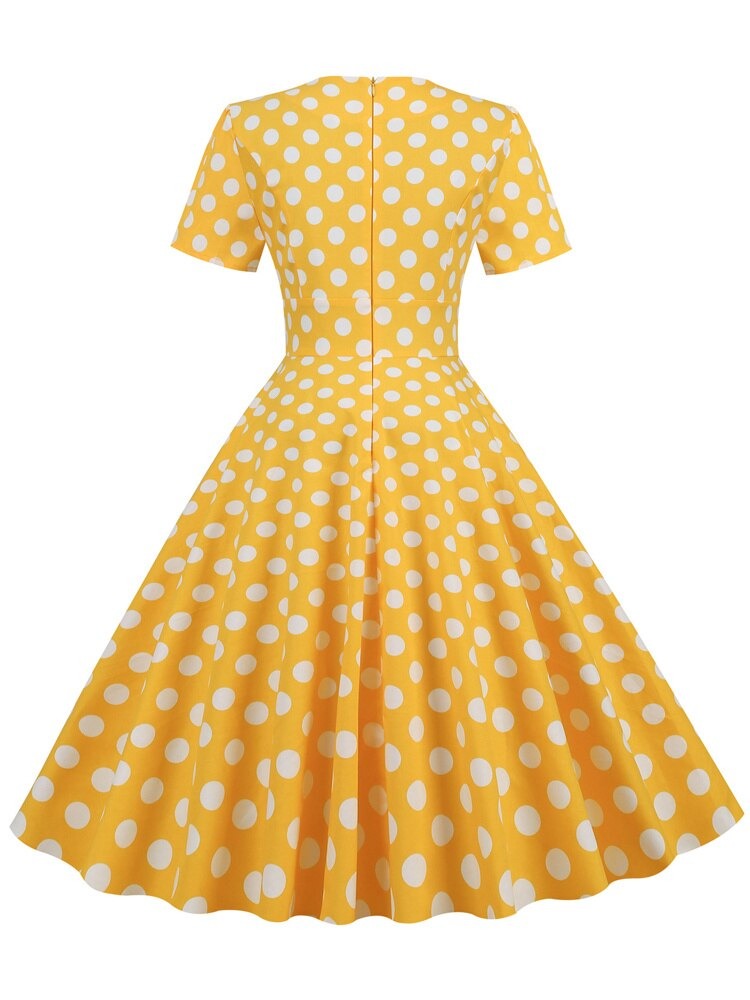Yellow Elegant Women High Waist Rockabilly Vintage Swing Short Sleeve Summer Polka Dot Dress