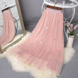 Spring Women A-Line Pleated Elastic High Waist Midi Elegant Sequin Mesh Skirts Streetwear