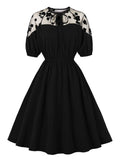 Tie Neck Floral Mesh Elegant Party Women Summer Swing Half Sleeve Elastic Waist Black Vintage Robe Dress