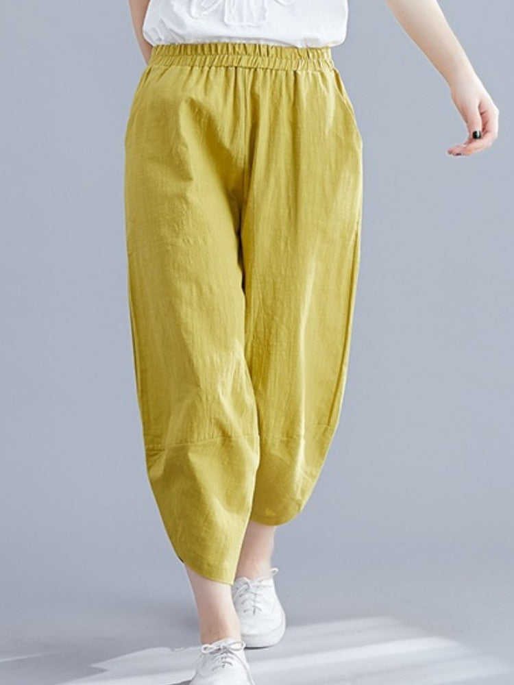 New Casual Loose Calf Trousers Cotton and Linen Women Elastic Waist Nine-point Pants
