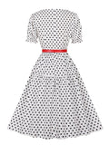 Polka Dot 50s Style Vintage White Midi Women Elegant Leather Belt Summer Pleated Dress